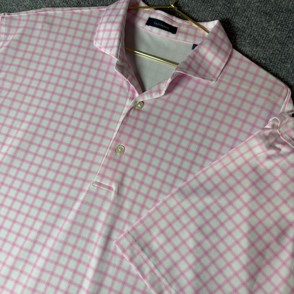 Mens Turtleson Pink White Plaid Golf Polo Shirt Size Large Short‎ Sleeve